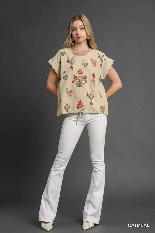 Embroidered Scallop Sleeve Top with Drawstring Hem e7f35e2c-a3d1-4f60-b913-fffbfa145d42-Max-Origin