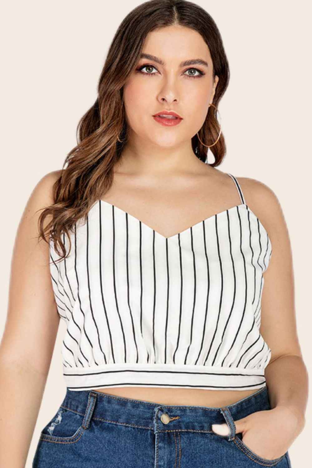 Plus Size Striped Tie-Back Cropped Cami Stripe e7fa3a97c7804cde839f615adbce9756-Max