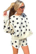 Sky Blue Polka Dot Print Drop Shoulder Pullover Drawstring Shorts Set e809ab7b77ba648a