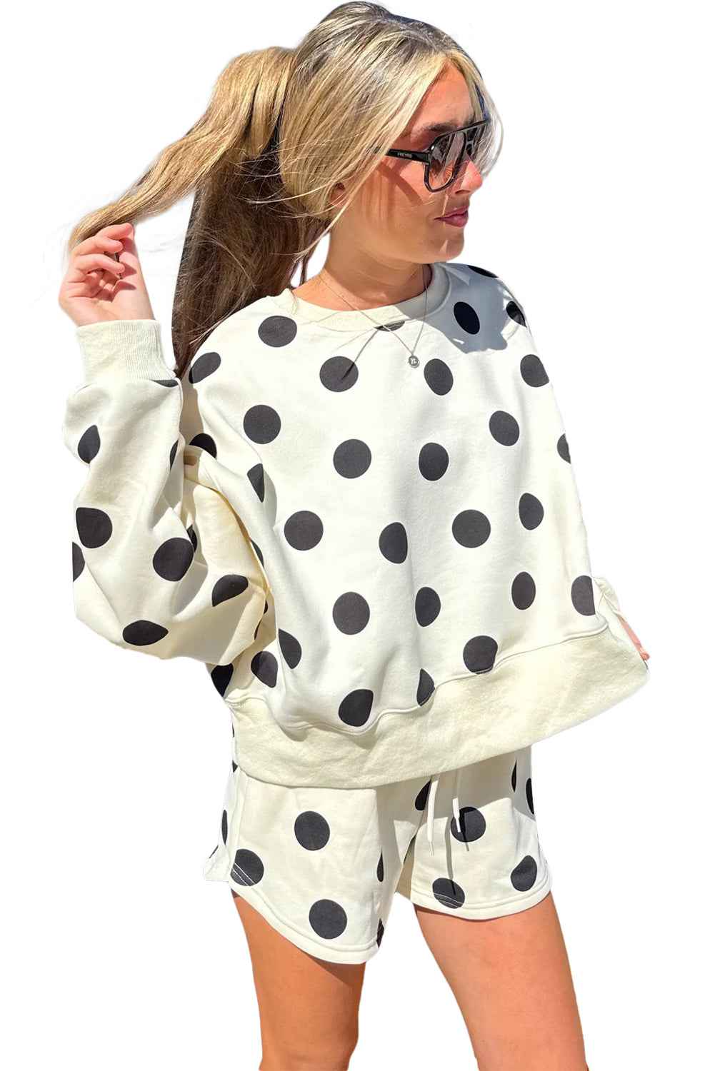 Sky Blue Polka Dot Print Drop Shoulder Pullover Drawstring Shorts Set e809ab7b77ba648a