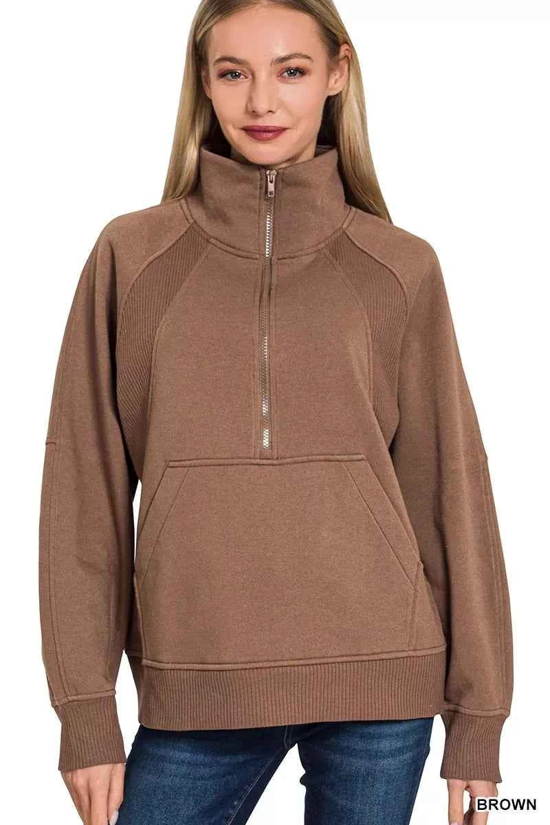 Zenana Half Zip Fleece Sweatshirt with kangaroo Pocket BROWN e80e3a0231c04db9bc7a49561df88be5-Max-Origin