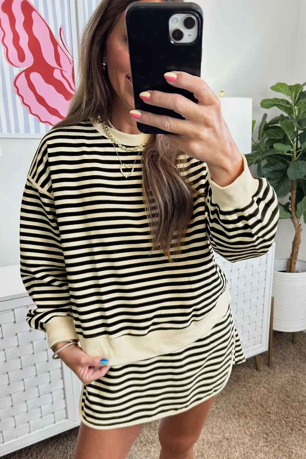 Black Stripe Textured Drop Shoulder Pullover Top Drawstring Mini Skirt Two Piece Dress Set e8139a8db7ee5c01