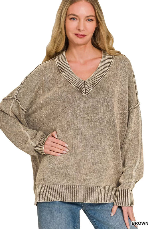Washed Deep V-neck Oversized Sweater BROWN e816fadb56824407abdd7606b5cbcba9-Max-Origin