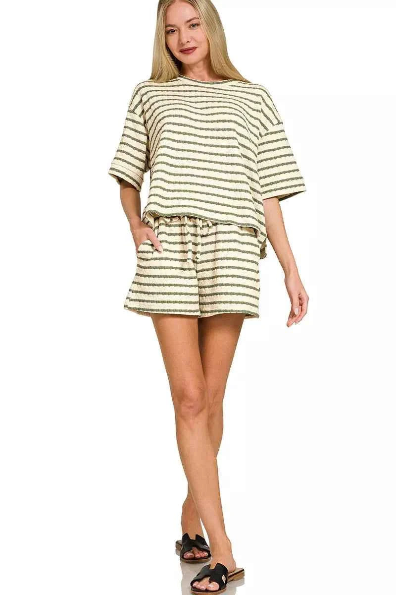 Zenana Striped Short Sleeve Tee & Shorts Set e81b1d3d40af41e9b3e11a85b140a25b-Max-Origin