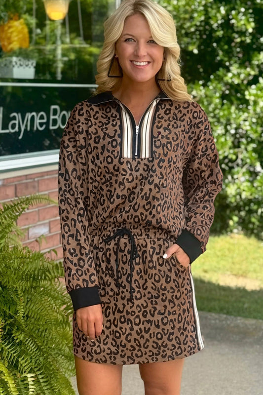 Khaki Leopard Print Quarter Zip Long Sleeve Top Mini Skirt Set e81e7eb944f278e6
