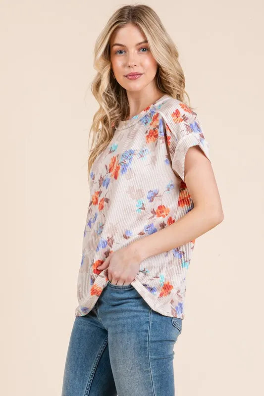 Floral Round Neck Ribbed T-Shirt - Floral Print Top e81f47e851394cdab951a19edfb3d148-Max-Origin
