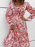 Printed Square Neck Long Sleeve Dress Deep Red e8250ae3-d915-40a8-95b4-ace78d8bb705-Max-Origin