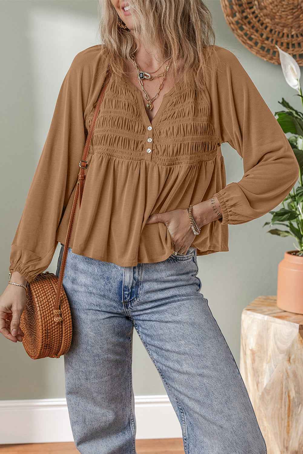Black Smocked Bust Buttoned Split V Neck Flowy Blouse e8252013eadc0e1f