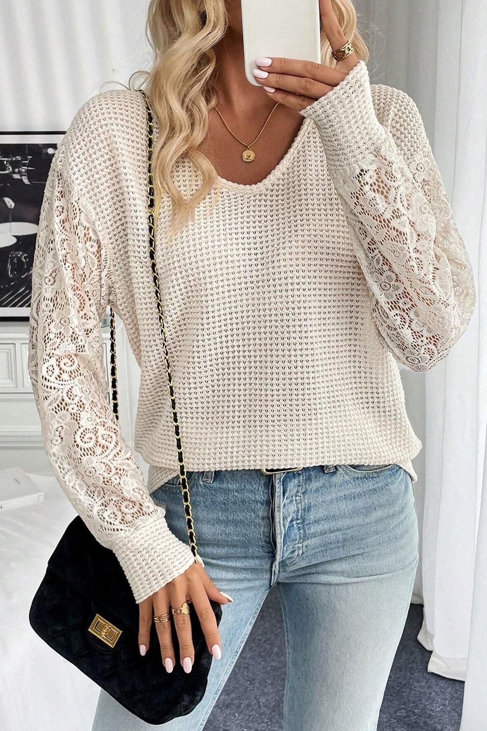 Beige Waffle V Neck Patchwork Lace Sheer Long Sleeve Top e82e63b631384f95