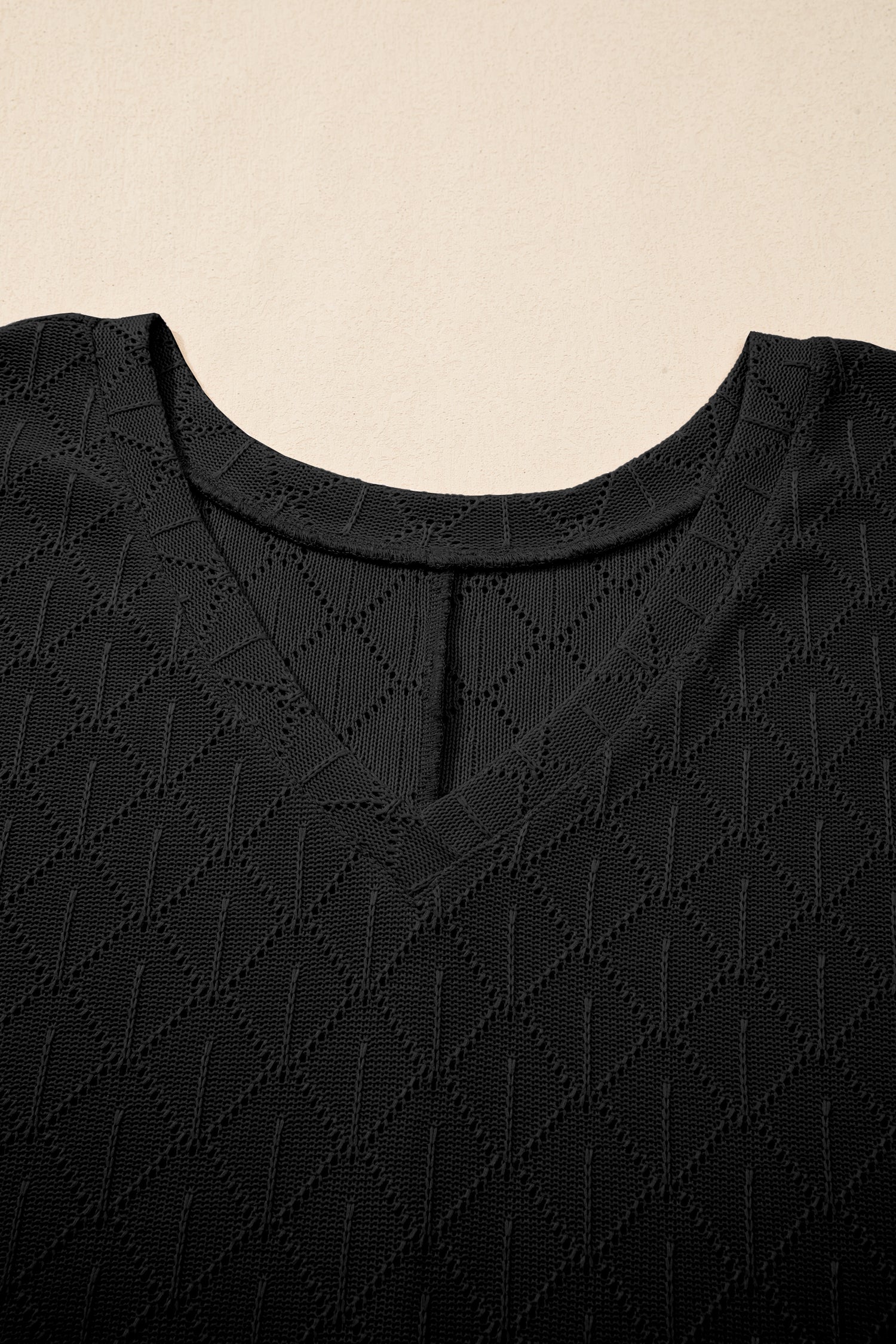 Black Pointelle Rhombus Knit Plus Size V Neck Loose Top e82f139304e7b8f4