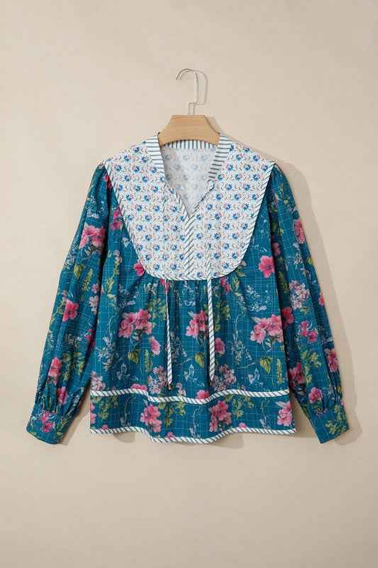 Floral Stripe Patchwork Long Puff Sleeve Blouse e8351a6b-2f1e-48c3-942f-272964a166a1