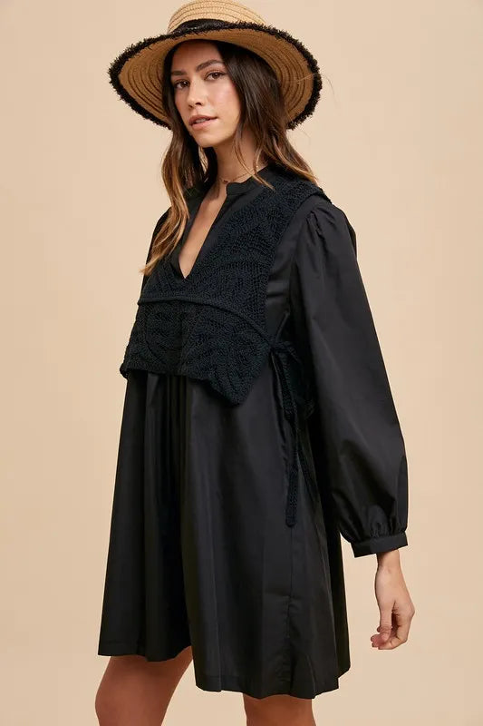 Annie Wear Crochet Vest Notched Long Sleeve Shirt Dress e843aa2f-e536-404c-bdca-01a02ba4126b-Max
