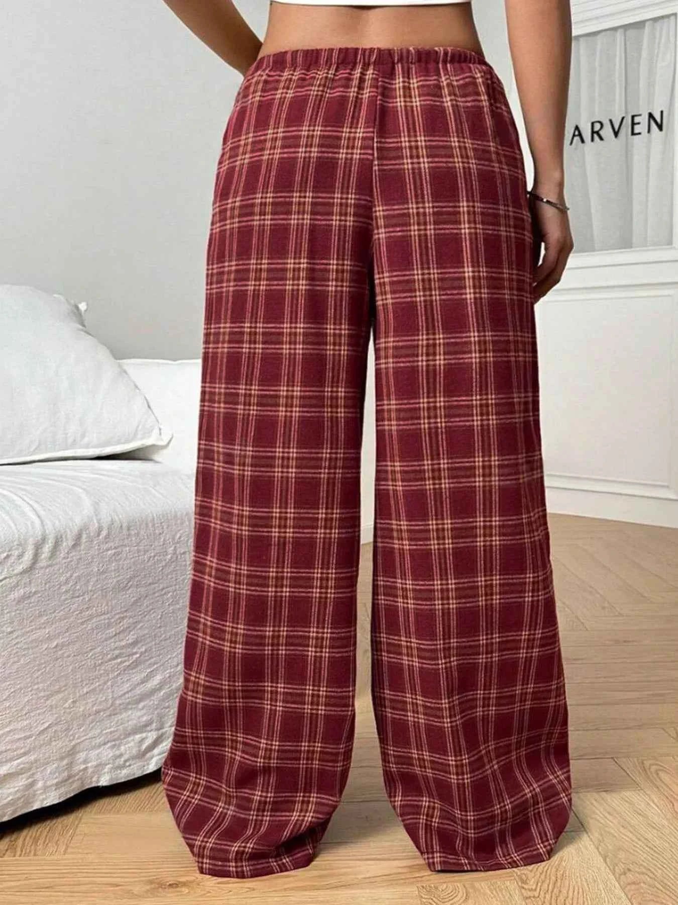 Plaid Wide Leg Drawstring Pants e84a99fed3b045a4a6898252793116af-Max-Origin