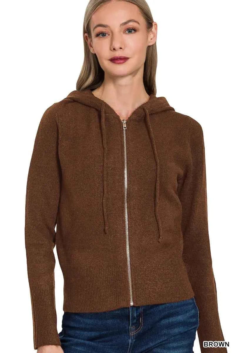 Zenana Drawstring Zip Up Hooded Cardigan BROWN e84add6602b640d7b2644a41619fd259-Max-Origin