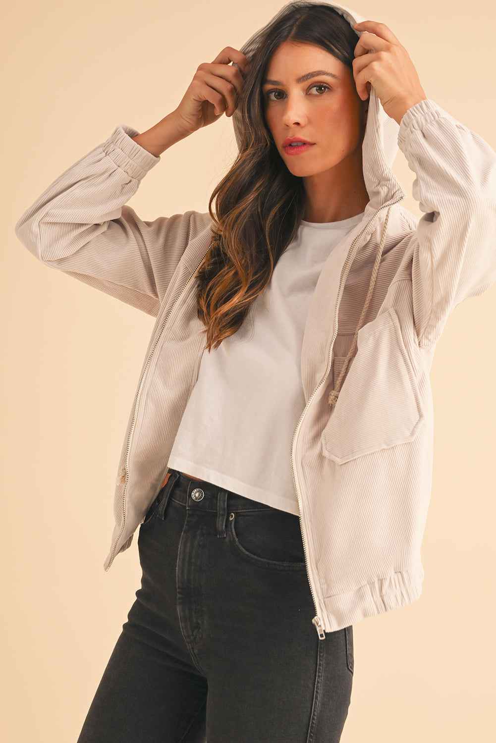 Real Teal Corduroy Drawstring Hooded Pocket Zip Up Jacket e84d81db3bbd5259