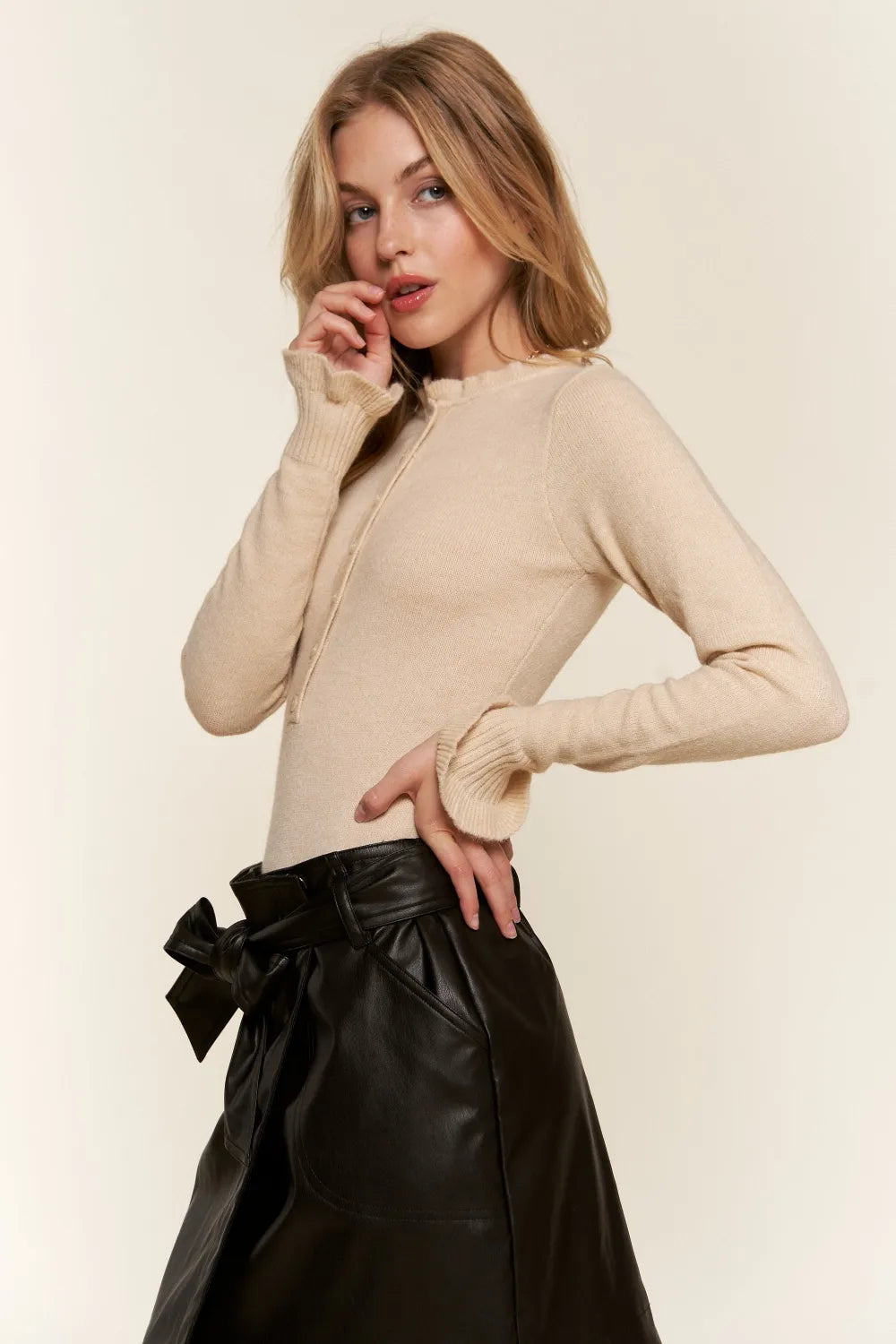 Half Button Round Neck Long Sleeve Ruffled Bodysuit e84d9429-f863-4251-973e-ac34976d6ab6-Max