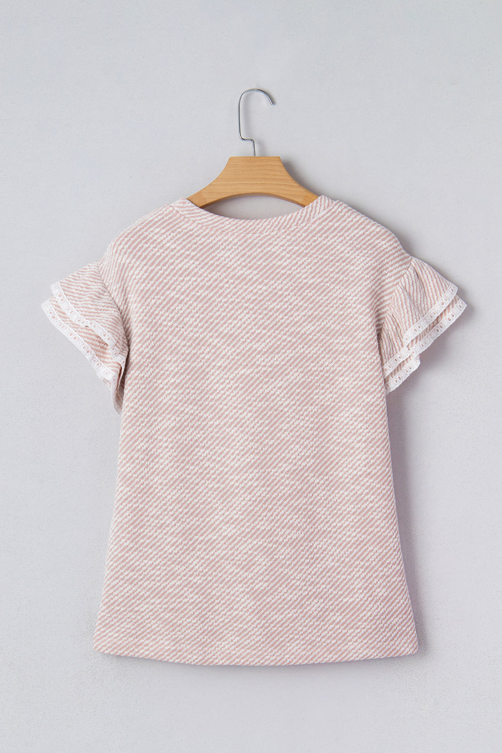 Light Pink Twilled Print Lace Trim Ruffled Short Sleeve Blouse e84dbbb2b28b30e9