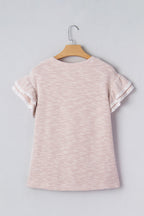 Light Pink Twilled Print Lace Trim Ruffled Short Sleeve Blouse e84dbbb2b28b30e9