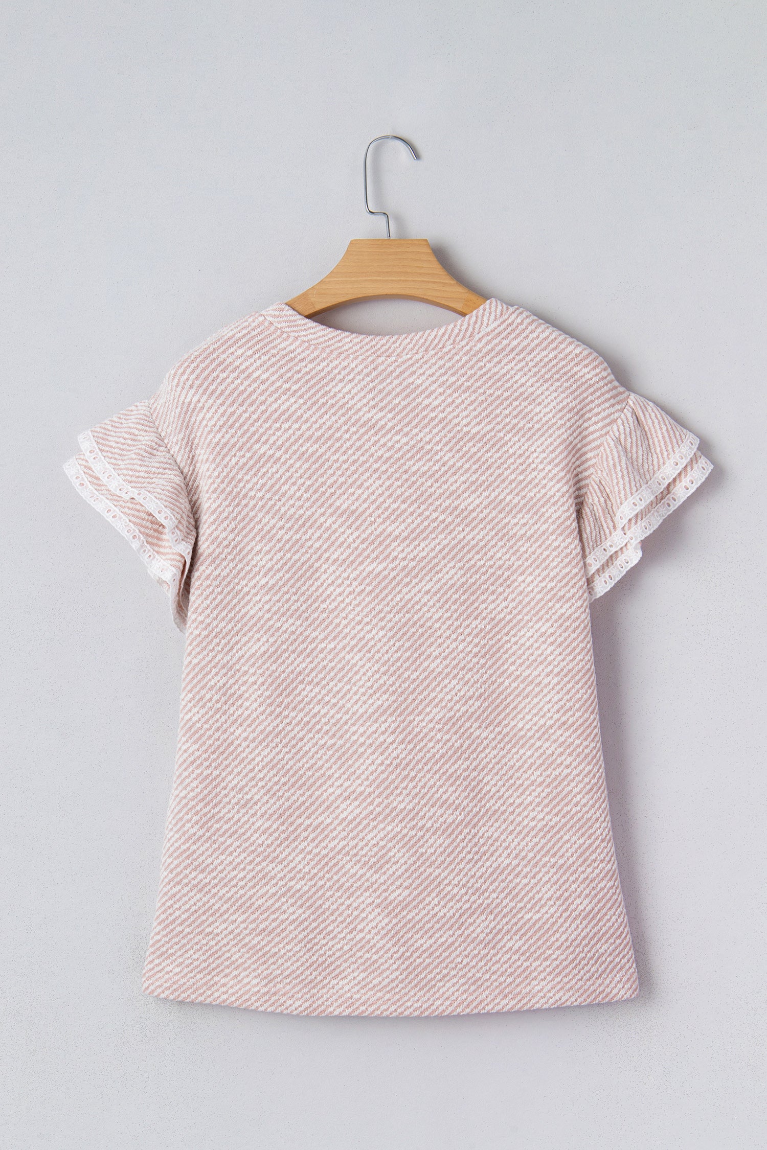 Light Pink Twilled Print Lace Trim Ruffled Short Sleeve Blouse e84dbbb2b28b30e9