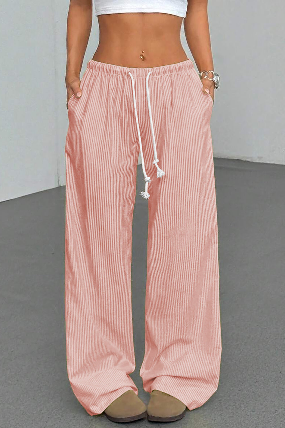 Pink Stripe Drawstring Plus Size Loose Pants Pink Stripe 85%Polyester+10%Viscose+5%Elastane e851dd38f7f349ca