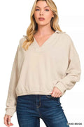 Zenana French Terry Collared Exposed Seam Sweatshirt SAND BEIGE e859fea979394081977b12fd18f7f5e1-Max-Origin