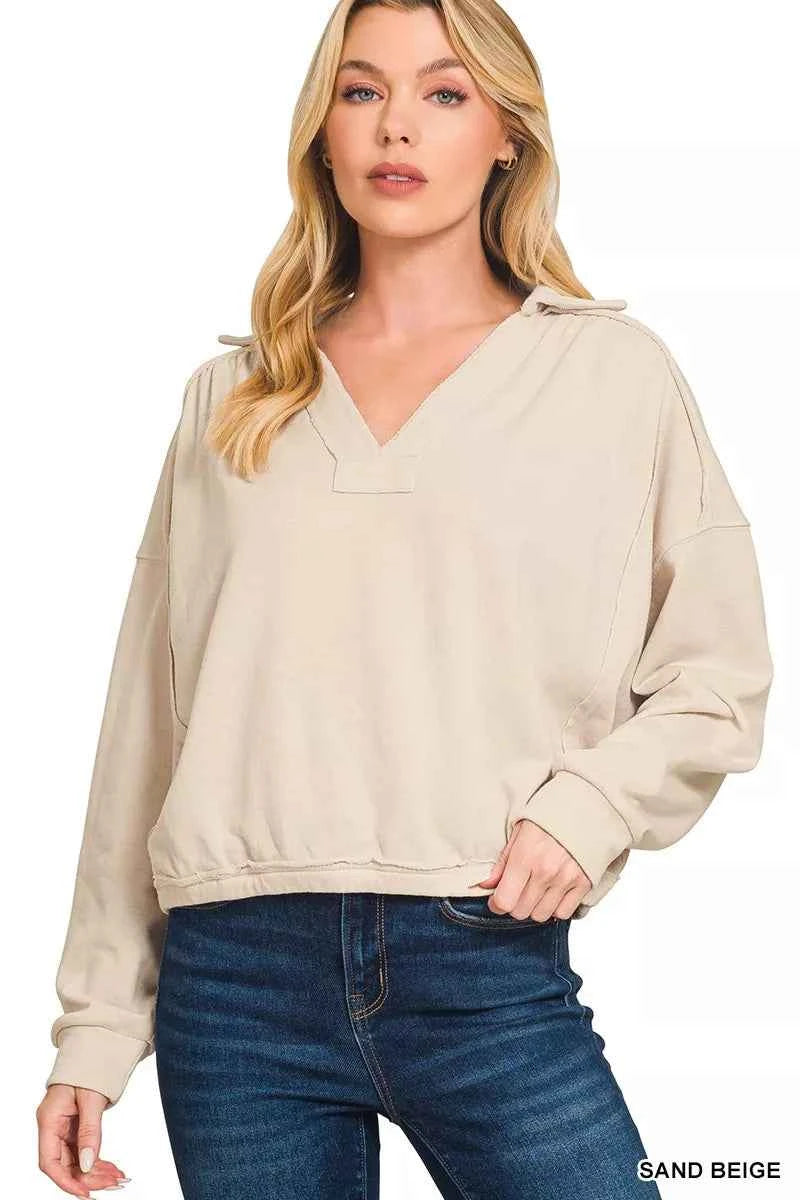 Zenana French Terry Collared Exposed Seam Sweatshirt SAND BEIGE e859fea979394081977b12fd18f7f5e1-Max-Origin