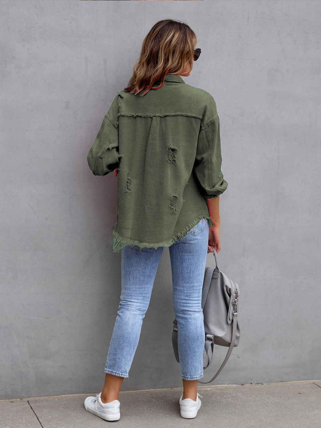 Distressed Drop Shoulder Denim Jacket e85a82f3481445f688c78d3d521f15c7-Max