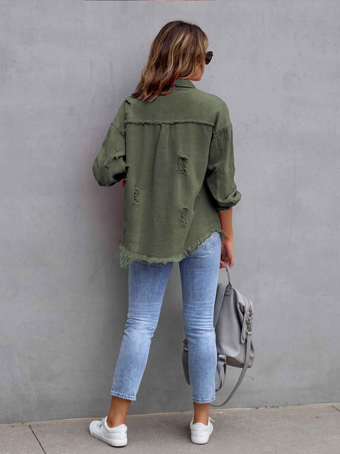 Distressed Drop Shoulder Denim Jacket e85a82f3481445f688c78d3d521f15c7-Max