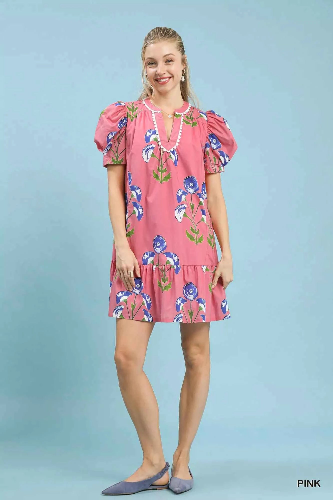 Umgee Floral Print Puff Sleeve Mini Dress with Scallop Trim e85b9711-544d-4976-92cf-516d0dc3dd04-Max-Origin