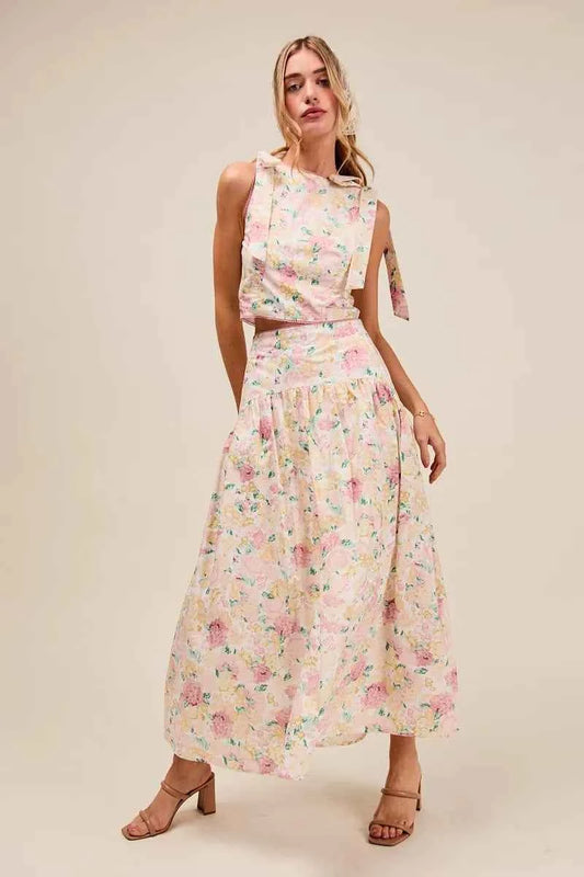 SO ME Floral Printed Woven Shoulder Bow Tie Top and Skirt Set FLORAL e85c6c7ce00641d6ae877b947ff5dc14-Max-Origin
