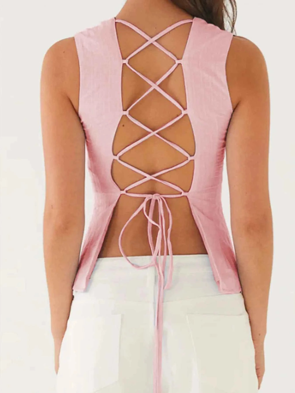 Back Lace Up Sleeveless Top with Cinched Waist Design e85df787-bed7-464a-bdba-c3e73f873344-Max-Origin