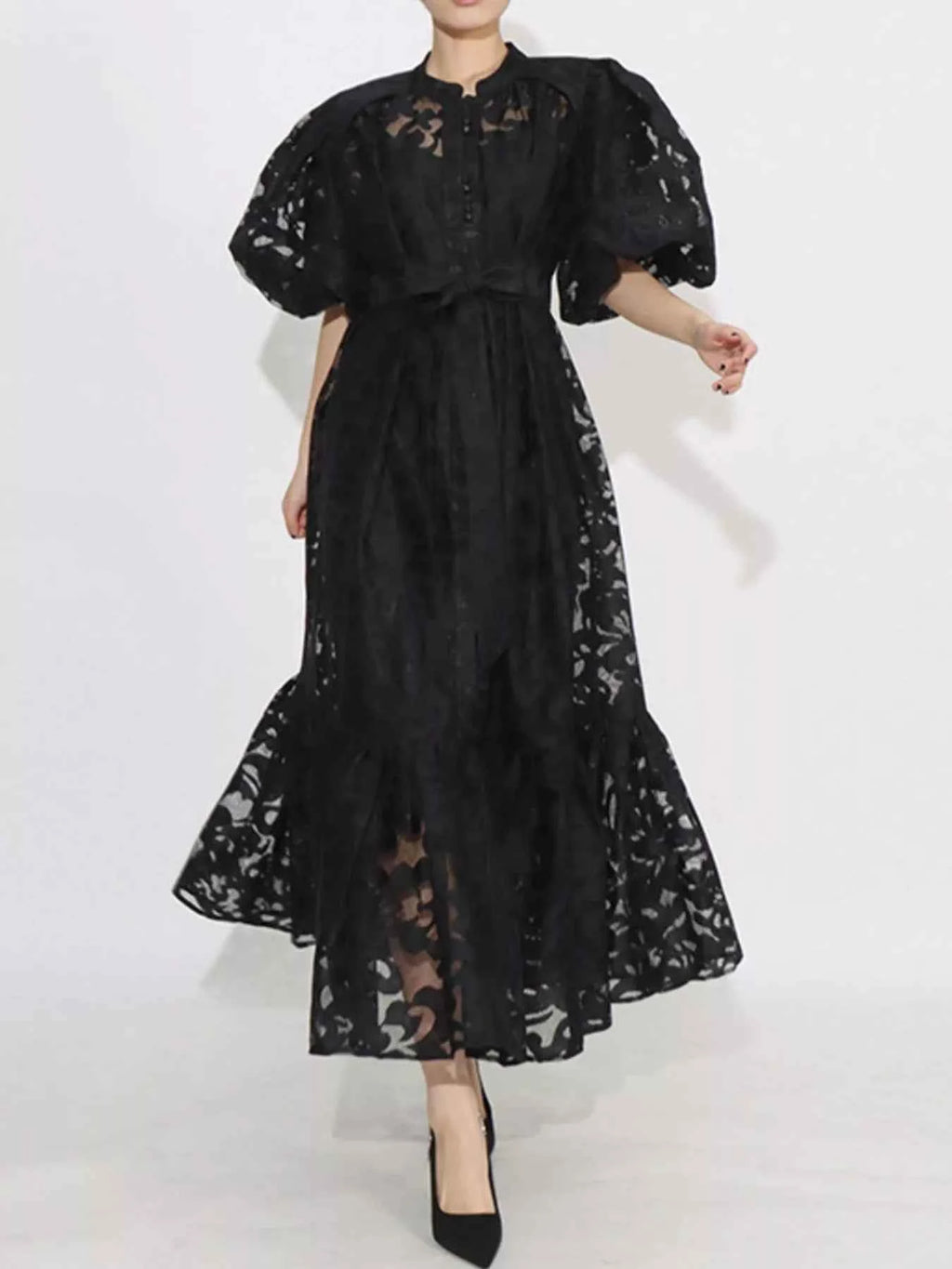Lace Puff Sleeve Tie Waist Maxi Dress Black e85dfb88-9518-4e42-a0d9-3230be8727de-Max-Origin