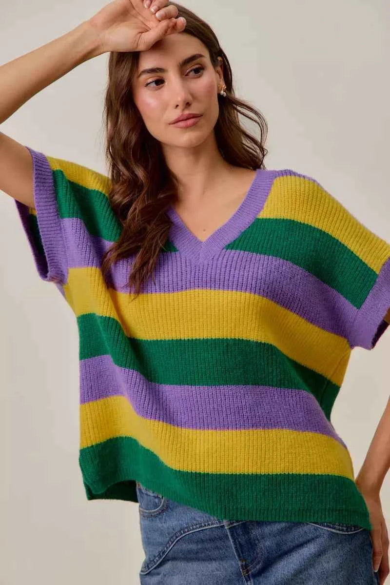 SO ME Mardi Gras Loose Fit V Neck Stripe Sweater Top e85e8fea09aa4933ac22bef122094610-Max-Origin