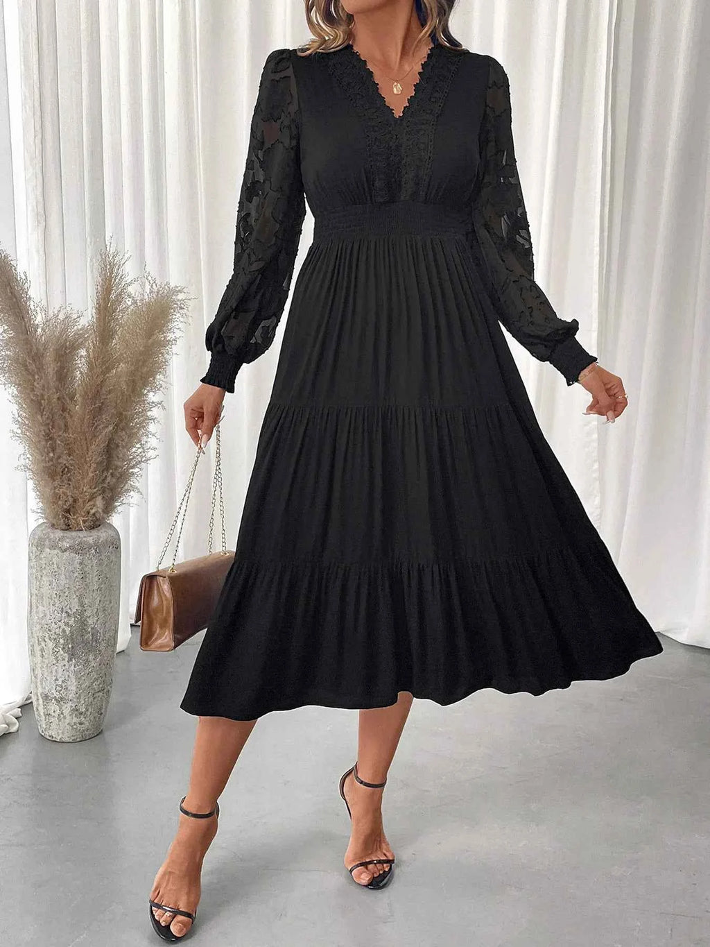 Lace Detail Lantern Sleeve Tiered Dress e860032b-97ac-460c-b870-bdba1d7d5e43-Max-Origin