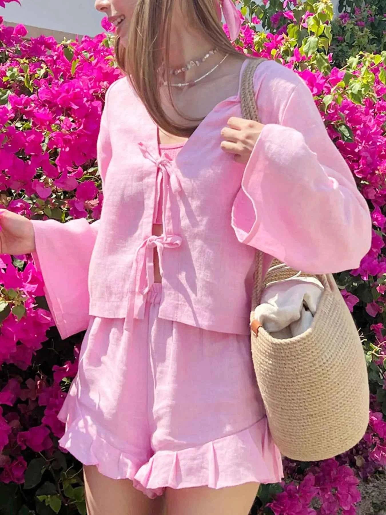Tie Front Long Sleeve Top and Shorts Set e86d8f87-3a10-4665-bca6-cbff49bbd836-Max-Origin