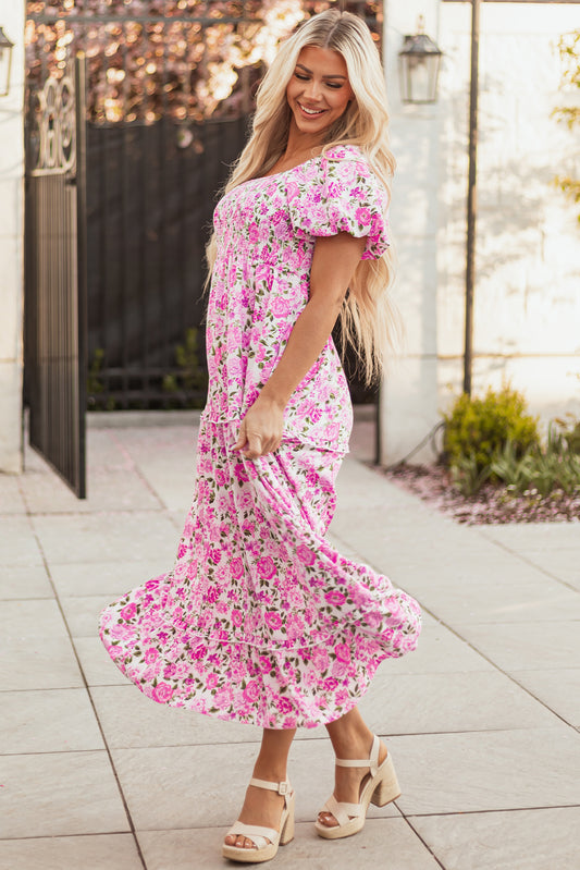 Pink Dainty Floral Smocked Puff Sleeve Flowy Long Dress e86ffb53e08685e9