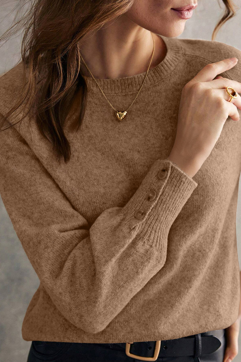 White Buttoned Cuffs Raglan Sleeve Knit Sweater Camel 75%Polyester+20%Acrylic+5%Polyamide e874f3b388158158
