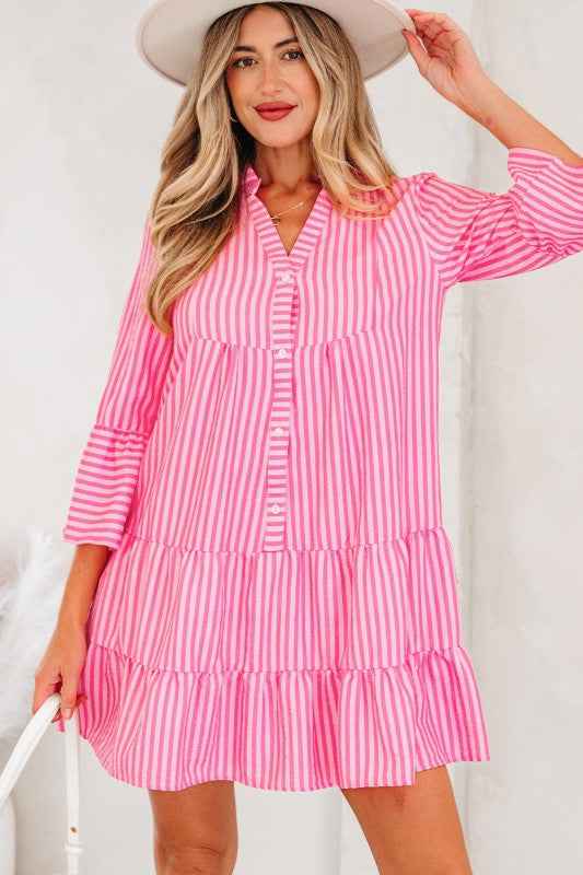 Stripe V-Neck Flare Sleeve Tiered Mini Dress Pink Stripe e87712ed-14ae-4944-950a-255114d114d3