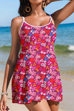 Rose Floral Print Ricrac Trim Spaghetti Strap One Piece Swim Dress Rose 85%Polyester+15%Elastane e87b9ccd013e1878