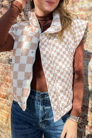 Khaki Contrast Plaid Quilted Button Zip Up Vest Khaki Shell:100%Polyester+Lining:100%Polyester+Filling:100%Polyester e888289243daace0