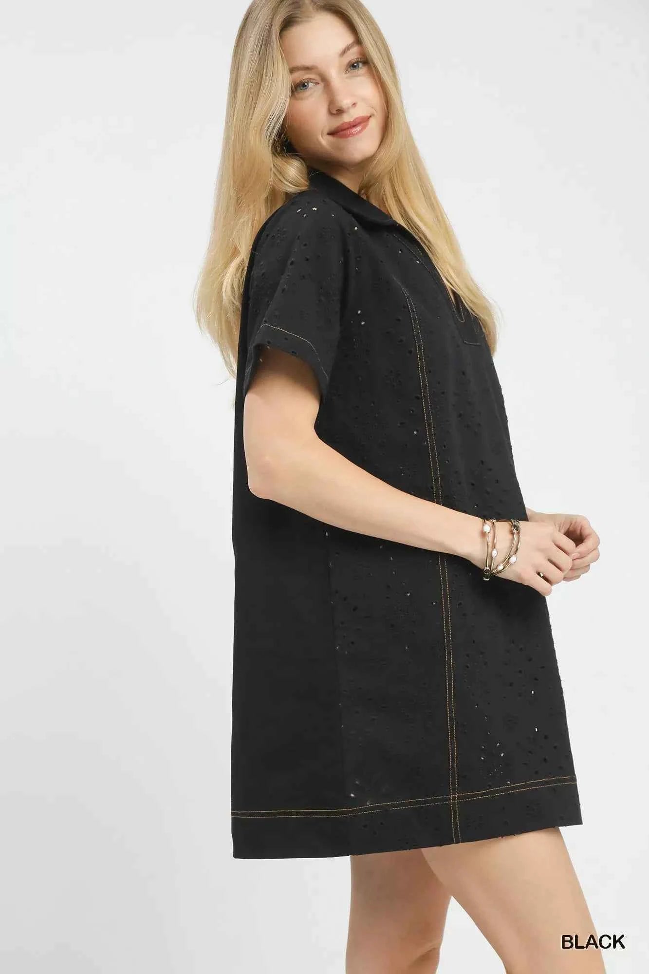 Umgee Eyelet Short Sleeve Shift Dress with Pocket e8898b66-97eb-48f0-8cf8-f4ab65e2138b-Max-Origin