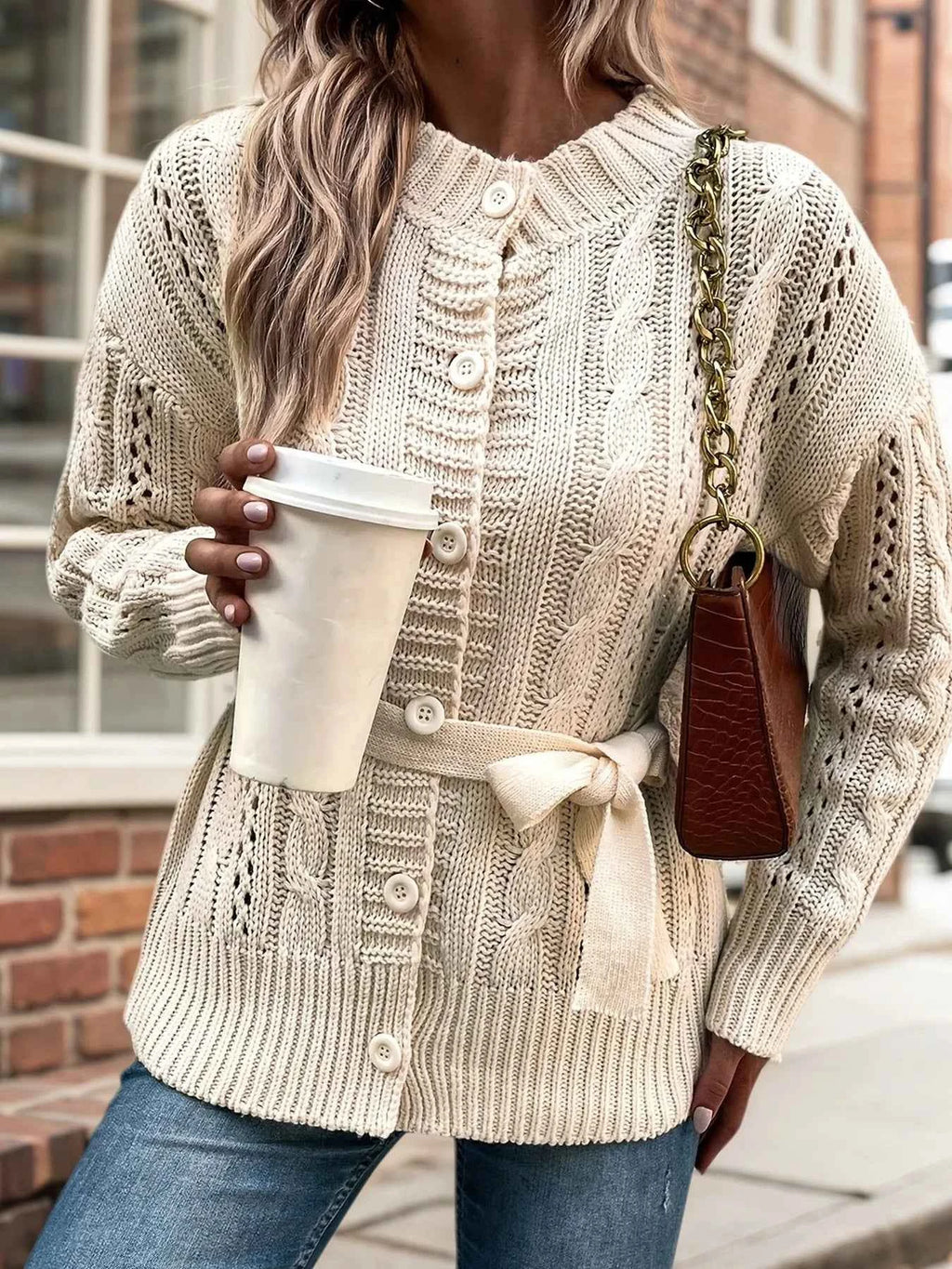 Cable Knit Belted Cardigan with Button Front