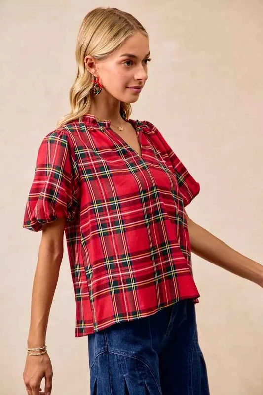 Christmas Plaid Short Sleeves Ruffled Blouse e88d12de06474a61a070c7d14fcc7ac3-Max-Origin