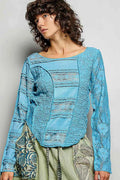 POL Round Neck Long Sleeve Exposed Seam Top with Lace Detail TEAL BLUE e88da1aa-4568-4658-a21c-1d72d10bf31f-Max-Origin