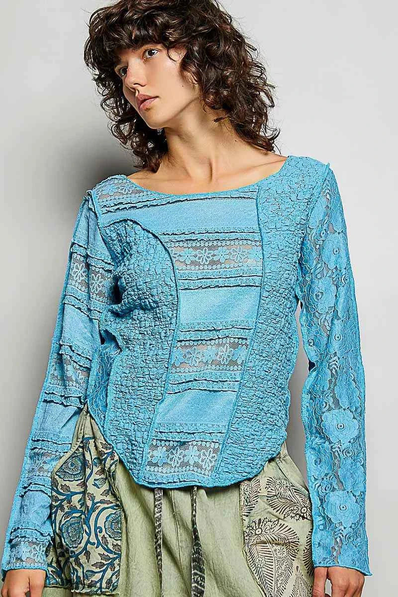 POL Round Neck Long Sleeve Exposed Seam Top with Lace Detail TEAL BLUE e88da1aa-4568-4658-a21c-1d72d10bf31f-Max-Origin