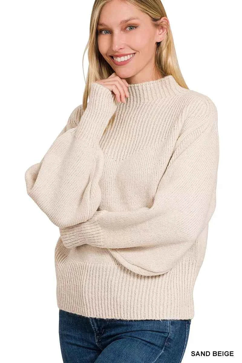 Zenana Balloon Sleeve Mock Neck Sweater SAND BEIGE e892cc9a5d0f4e7b97af8b944433a116-Max-Origin