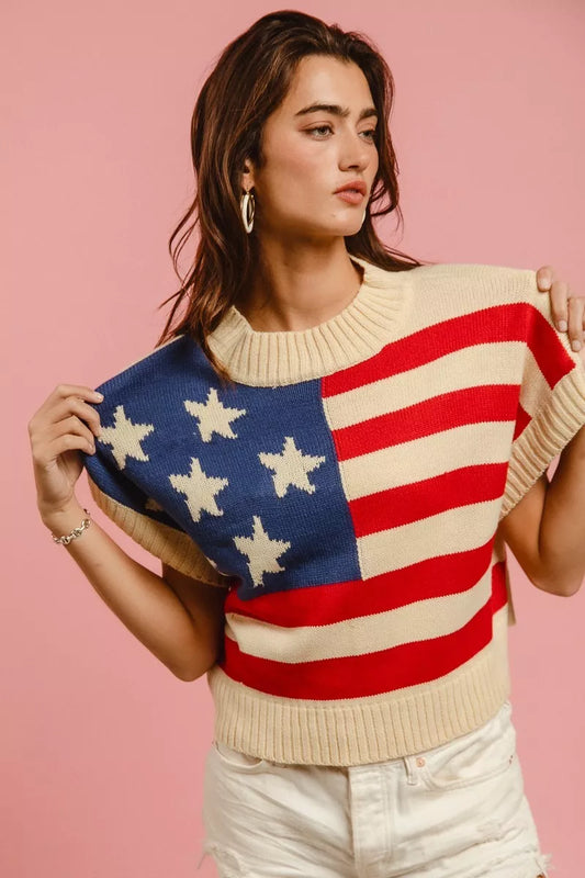 Star Patches American Flag Sleeveless Sweater Vivid Red e897b38a-4a93-4af6-884a-307801aec890-Max-Origin
