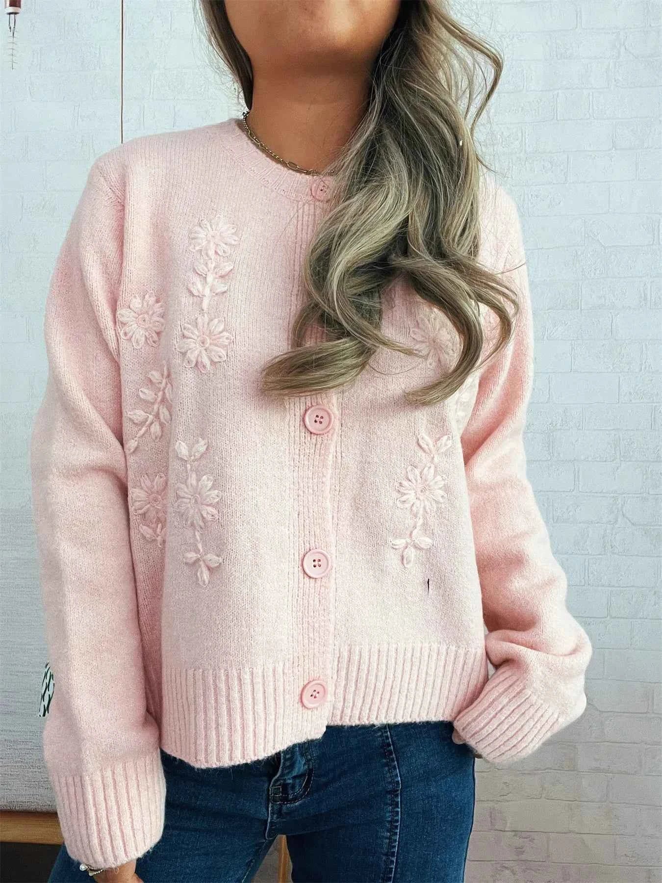 Flower Button Up Ribbed Hem Cardigan Pink One Size-Regular e8a009404b974dde8dedccf552993317-Max-Origin