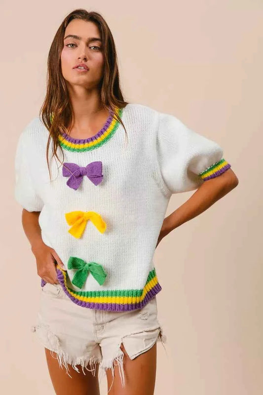 BiBi Short Puff Sleeve Ribbon Bow Mardi Gras Sweater IVORY e8a38457419b4d8ebb3e253a6e864679-Max-Origin