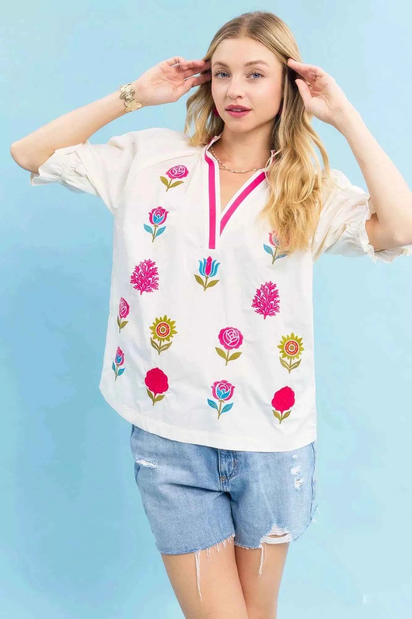 Umgee Embroidered Floral Top with Contrast Trim ECRU e8a4d801-7fd4-4864-8f25-984fe207fee4-Max-Origin